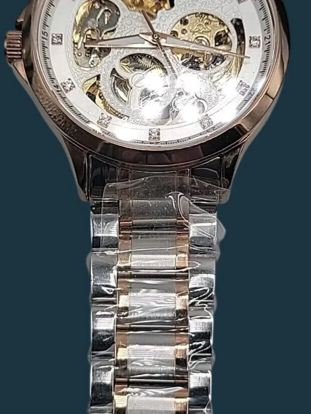 Luminous Mens Skeleton Automatic Watch 42mm T22k Gold Plated Diamond Markers
